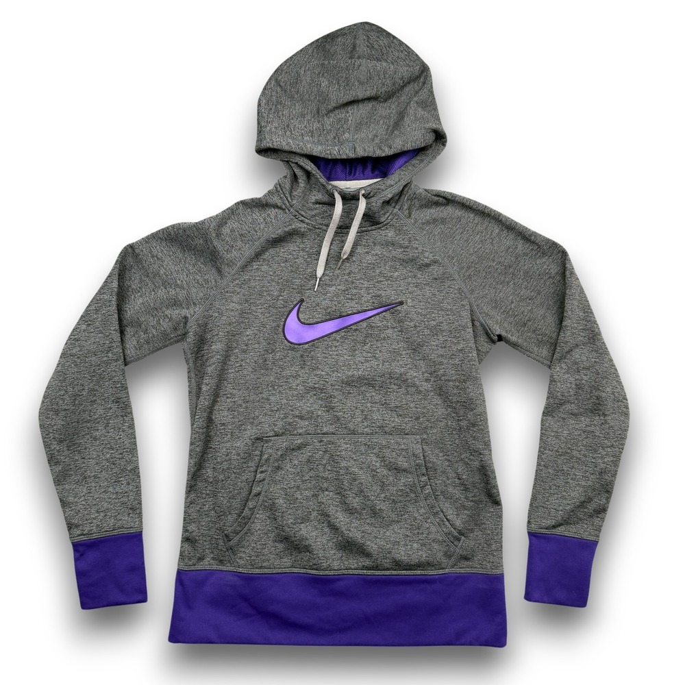 Nike Therma-Fit Hoodie Mens M Gray Purple Pullover Fleece Thumbholes Raglan